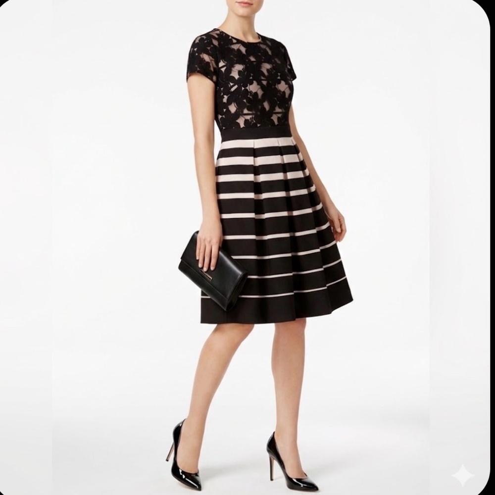Danny & Nicole Elegant black and beige striped fit &flare dress sz 10